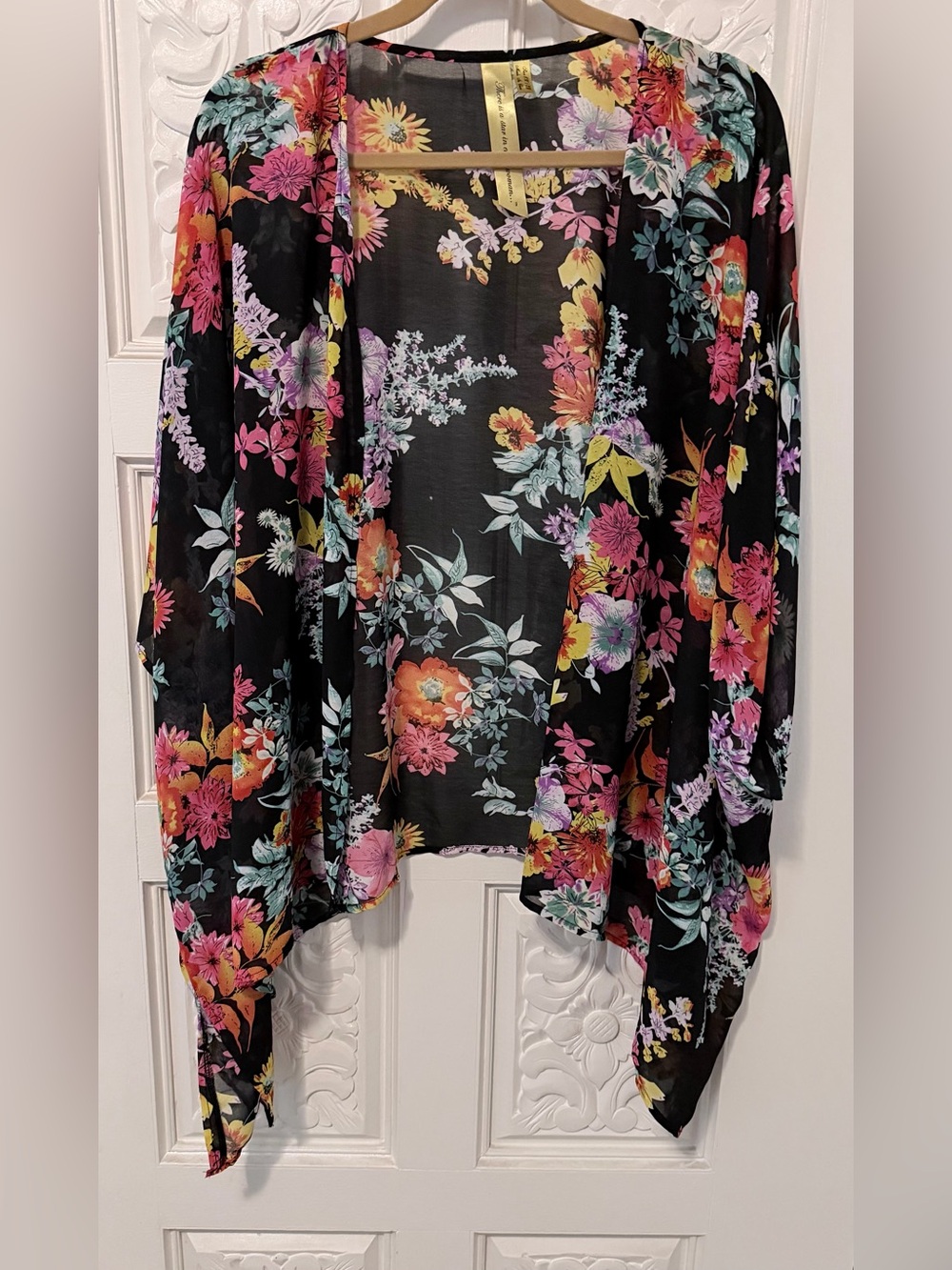 Sheer Black Floral Open Kimono/Swim cover up/Cardigan - Picture 7 of 7